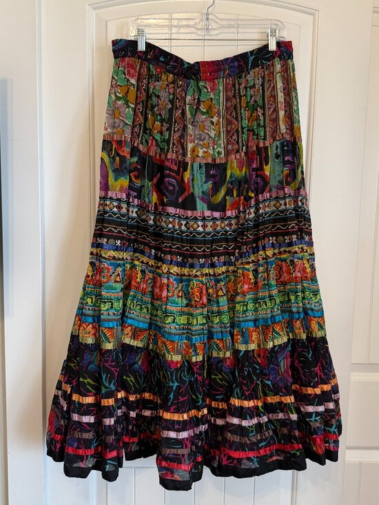 Dresses & Skirts - Vibrant bohemian tiered maxi skirt with eclectic mixed prints and ribbon trim